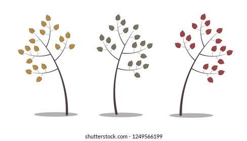 Three isolated autumn trees with leaves of different colours: yellow, green and red. White background. Flat cartoon style vector illustration.