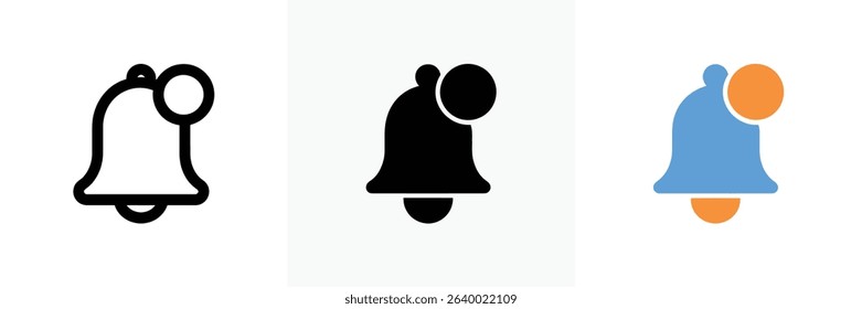 Three isolated bell icons are displayed, each representing notifications. The first is an outline version, the second is a solid black silhouette, and the third is colored blue and orange.
