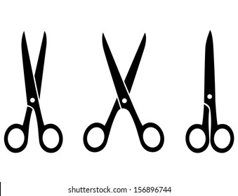 three isolated black scissors on white background