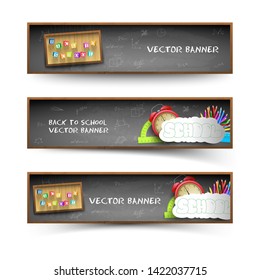Three isolated blackboard banner set with cubes graffiti and school supplies vector illustration