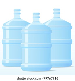 Three isolated blue bottles of clean water for design. Vector illustration.