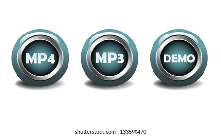 Three isolated blue glossy buttons for MP4 and MP3 digital multimedia formats used to store audio and video