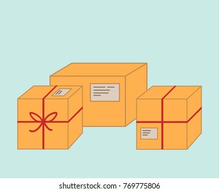 three isolated cardboard box package parcel with label and ribbon prepared to be send and delivery logistic concept simple vector cartoon illustration