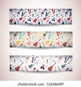 Three isolated colored horizontal musical chaos banner set with hanging in the air notes and instruments vector illustration