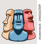 Three isolated, colorful, cartoon easter island moai statues. Vector illustration.