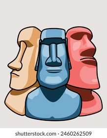 Three isolated, colorful, cartoon easter island moai statues. Vector illustration.