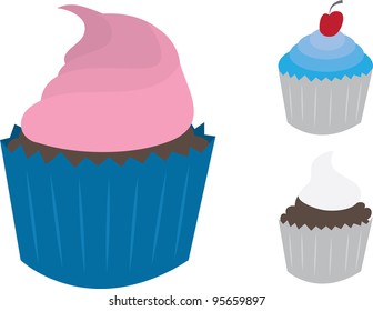 Three isolated cupcakes with frosting