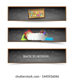 Three isolated dark style back to school banners set with blackboard background vector illustration
