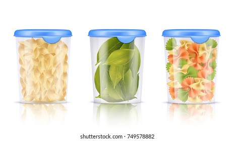 Three isolated filled plastic food containers icon set with pasta and dried bay leaves vector illustration