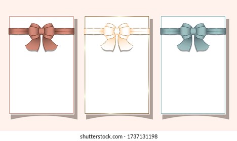 Tres tarjetas de regalo aisladas con un arco de cinta blanca, rosa y azul atado en nudo. Cartel en blanco vectorial con espacio vacío para el anuncio de texto o mensaje.