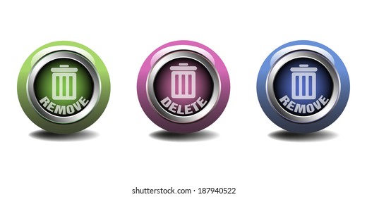 Three isolated glossy web buttons with the words delete and remove