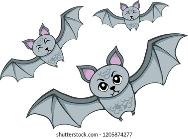 Three Isolated Halloween cute flying bats with diverse expressions