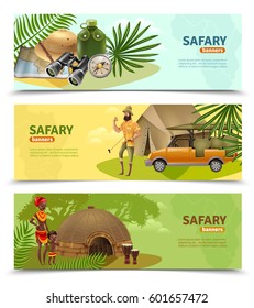 Three isolated horizontal safari banner set with big colored headlines and different themes of safari vector illustration