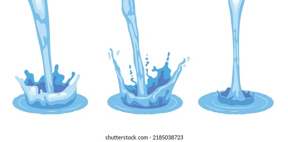 Three isolated light blue realistic pouring water splashes flat colored icon set vector illustration