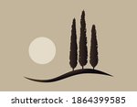 three isolated mediterranean vector cypress trees icon logo silhouette on a hill with the sun