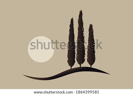 three isolated mediterranean vector cypress trees icon logo silhouette on a hill with the sun
