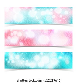 Three isolated multicolored horizontal abstract banner set with glow bokeh effect vector illustration