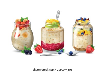Three isolated realistic overnight oats icon set with pieces of fruits jam and berries vector illustration