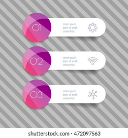 Three isolated rectangle paper infographic banners with round option part. Number banner templates for diagram, presentation or chart. EPS10 infographic elements.