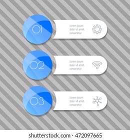 Three isolated rectangle paper infographic banners with round option part. Number banner templates for diagram, presentation or chart. EPS10 infographic elements.