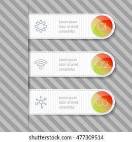 Three isolated rectangle paper infographic banners with round option part. Number banner templates for diagram, presentation or chart. EPS10 stitched infographic elements.