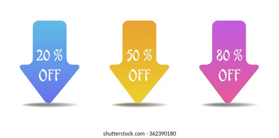 Three isolated reduction arrows colored in blue, yellow and purple. Sales theme