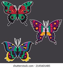 Three isolated, simple, colorful, beautiful, different butterflies with a white outline.