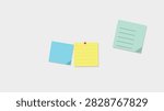 Three isolated sticky notes in cyan, yellow, and white with a red pin and paperclip on a white background, ready for organizing ideas or planning.