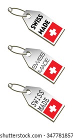 Three isolated tags with the text Swiss made written on each tag