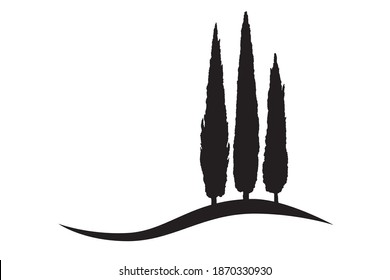 three isolated vector cypress tree icons on a hill svg
