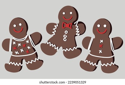 Three isolated vector gingerbread men. New Year and Christmas theme. P with different decoration glaze.