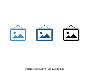 Three isolated vector icons representing a photo gallery or image. The design features a hanging frame with a mountain landscape inside, shown in two blue tones and solid black.