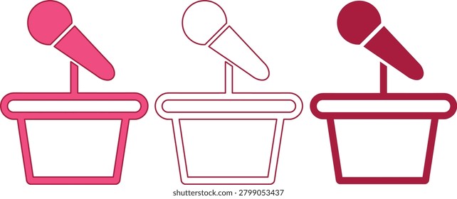 Three isolated vector podium icons featuring microphones for public speaking events, seminars, speech, communication, and broadcast scenarios in multiple styles.