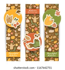 Three isolated vertical banners set with doodle style autumn seamless pattern overlay and colorful round stickers with text vector illustration