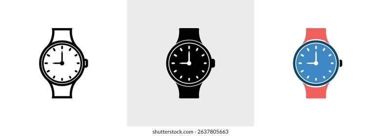 Three isolated watch icons showcasing classic design elements, monochrome black and white options alongside a modern blue face and red band color variation on white.