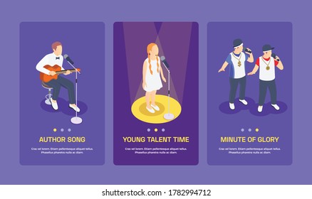 Three Isometric Banners With People And Children Singing At Tv Talent Show 3d Isolated Vector Illustration