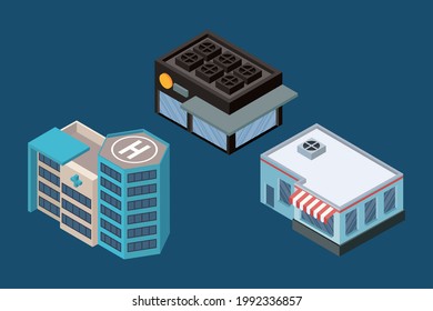 three isometric buildings set icons