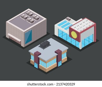 tres iconos de conjunto de edificios isométricos