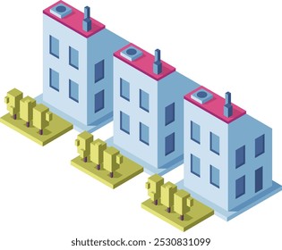 Tres edificios isométricos con árboles están formando una fila sobre un fondo claro, ideal para diseños arquitectónicos de infografía