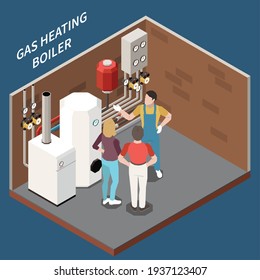 Three isometric characters in heating room with gas boilers 3d vector illustration