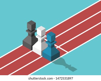 Three isometric chess pawns standing at start or finish line, race beginning or ending. Competition and career concept. Flat design. EPS 8 vector illustration, no transparency, no gradients