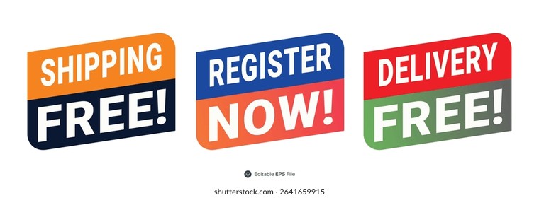 Three Isometric Colorful Labels Shipping Register Delivery Free Vector Illustration