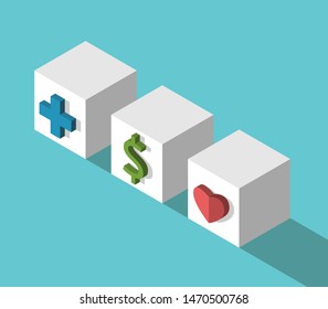 Three Isometric Cubes With Cross, Dollar Sign And Heart On Turquoise Blue. Work, Life, Health, Family Balance And Choice Concept. Flat Design. EPS 8 Vector Illustration, No Transparency, No Gradients