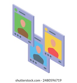 Tres pantallas digitales isométricas muestran perfiles de usuario coloridos en una fila sobre un fondo blanco