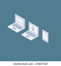 Three isometric icons of portable devices. Laptop and phone