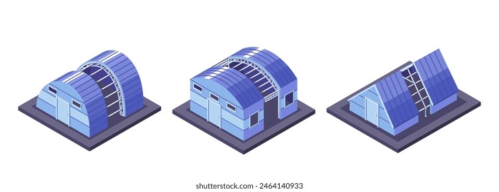 Three Isometric Industrial Construction Structures, Innovative Modular Architecture Design With Metal Framing, Vector