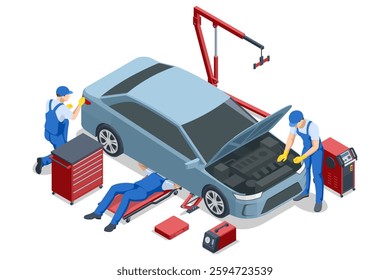 Three isometric mechanics service a car with hood open, using a red crane and tool chest. One works underneath, others check body and engine components.