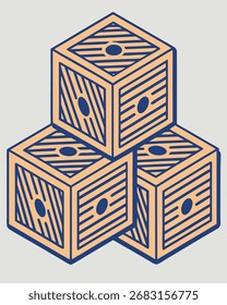 Tres cajas apiladas isométricas en naranja y azul con patrones lineales y círculos sobre un fondo gris claro.