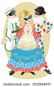 Three Italian carnival masks from the theater of the commedia dell'arte