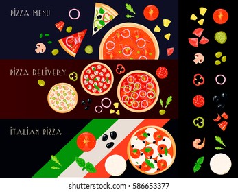 Three italian pizza horizontal banners set with isolated filler ingredient icons and decorative pizza create images vector illustration